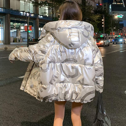 Women's Bright Print Short Down Jacket Winter Korean Loose Quilted Jacket Casual Stand-up Collar Hooded Down Jacket Quilted Jacket