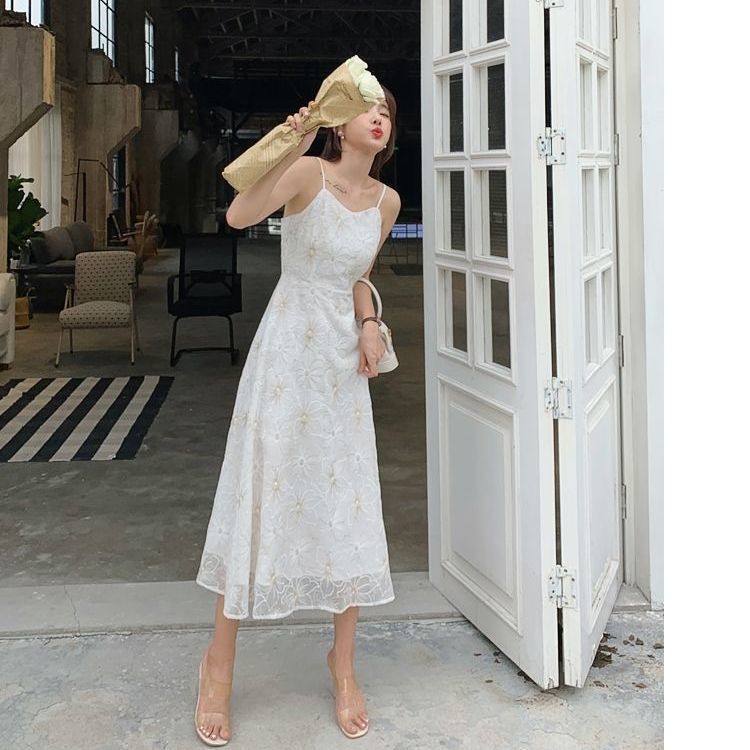 Female Super Fairy White Suspender Long Dress Vintage Elegant Sweet Date Dress Slim Little Fresh Holiday Dress