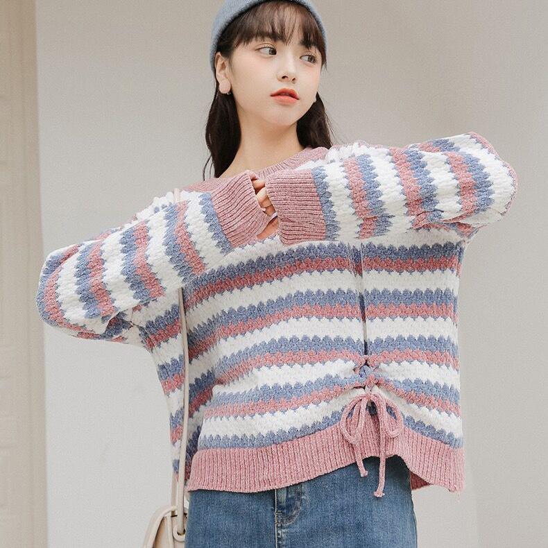 Autumn Winter Women Stripe Knitting Sweaters Korean O-Neck Loose Casual Jumpers Long Sleeve Pullover Tops Girls Sweet Warm Sweater Soft Knitwear Coat