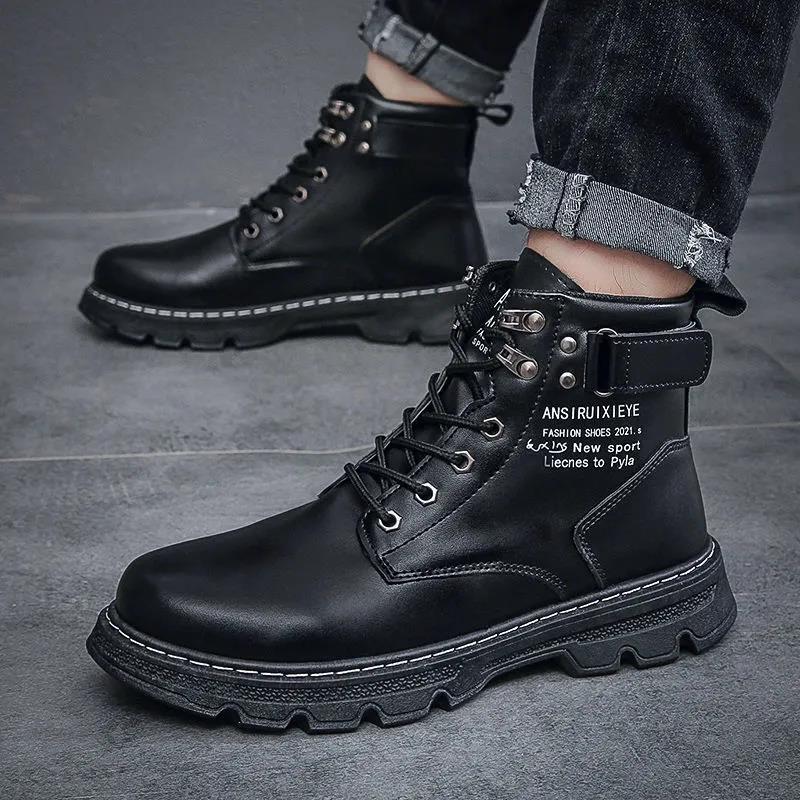 Plus Velvet Padded Winter Warm Snow Boots Men's Leather Cotton Shoes Waterproof Non-slip Trendy Martin Boots