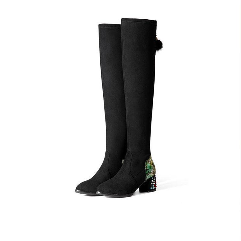 Women Over Knee Boots Slim Rhinestone High Heels Winter Boots  Ladies Plus Velvet Elastic Goat Suede  High Boots