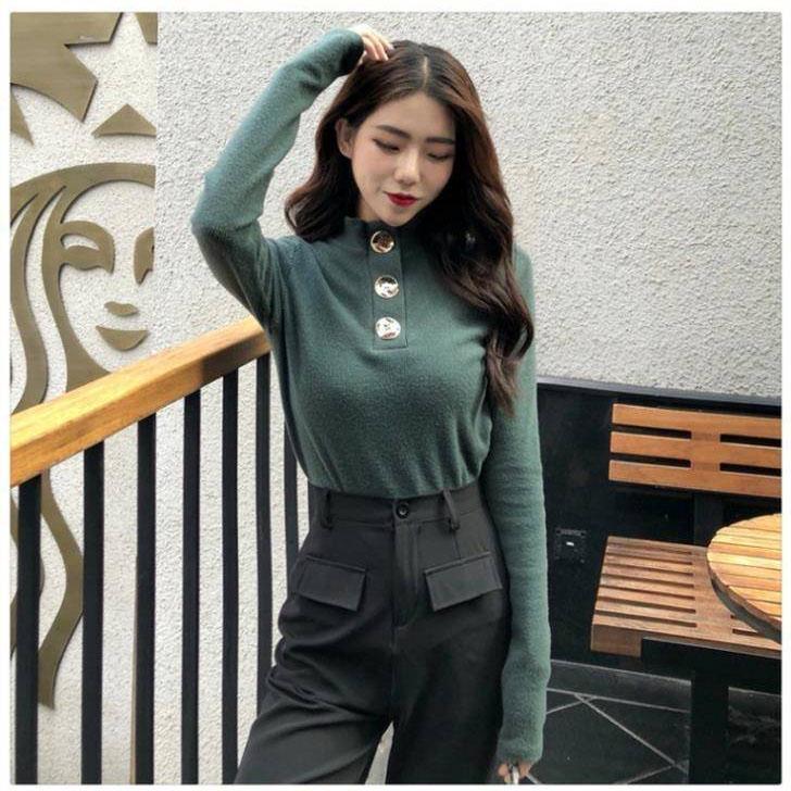 Solid Color Slim Sweater Women's Button Design Autumn and Winter Wild Bottoming Sweater