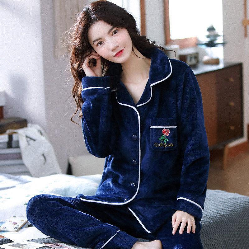 Thickened Flannel Pajamas Ladies Thickened Cardigan Coral Fleece Outer Wear Casual Home Clothes Two-piece Suit Skin-friendly and Soft Fabric