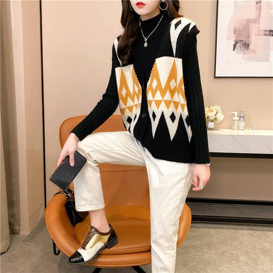 Spring and Autumn Lazy Style All-match V-neck Cardigan Sleeveless Color Matching Loose Sweater Rhombus Wear Vest Knitted Waistcoat Women