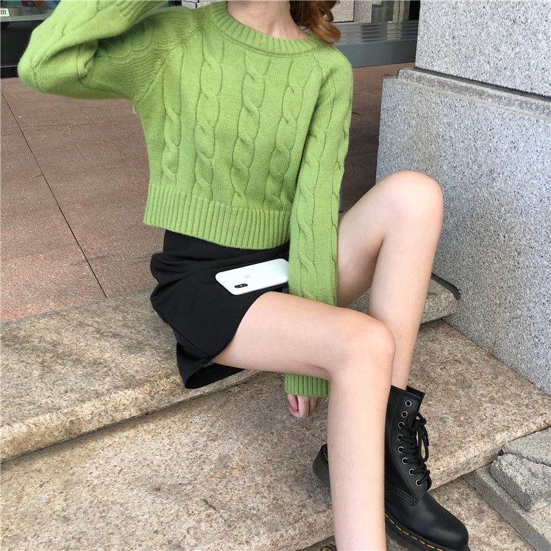 Spring and Autumn Loose Knitted Sweater Long Sleeve Pullover Casual Jacket Short Pure Color Women's Top