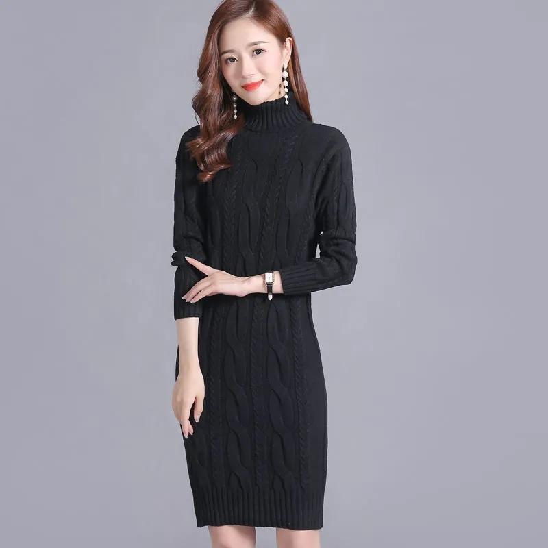 Sweater Women's Turtleneck Pullover Mid-length Knitwear Korean Pure Color Trending Sweater Dress Clothes Set Autumn and Winter