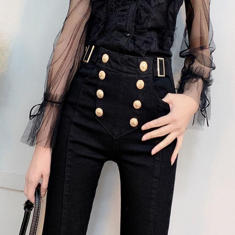WTEMPO Stretch Trousers Double Breasted Leggings Women's High Waist Worn Outside Cotton Black Tight Pants