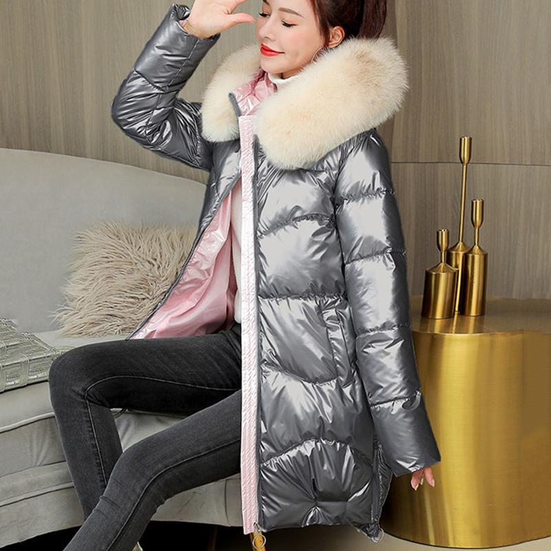 Women's Bright Face Hooded Down Jacket Mid-length Korean Loose Thick Coat Warm Cotton Coat Large Wool Collar Winter Quilted Coat