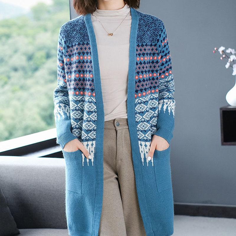 Spring and Autumn Knitted Cardigan Sweater Mid-length Loose Casual Sweater Fashion Jacquard Female Jacket