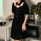Black Sexy Dress Design Sense Niche Mid-length Split Dress Female Waist Waist Is Thinner, Black Lady A-line Version Dress Waist Waist Is Thinner
