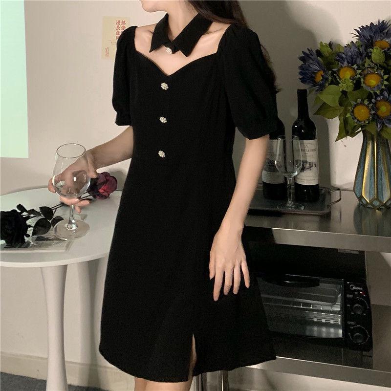Black Sexy Dress Design Sense Niche Mid-length Split Dress Female Waist Waist Is Thinner, Black Lady A-line Version Dress Waist Waist Is Thinner