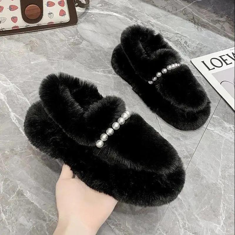 Hairy Pearl Casual Flat Shoes Shoes Women's Outer Wear Warm Soft Cotton Shoes Casual Peas Shoes Plus Velvet Platform Moccasin Shoes