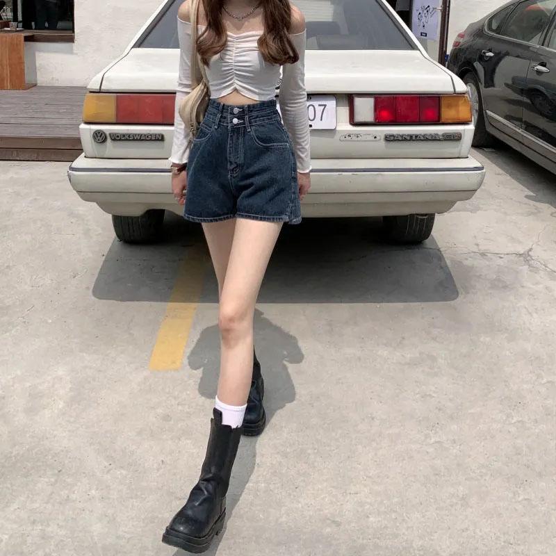 Women's Retro High-waisted Denim Shorts Summer Korean Version Ins Loose and Thin Slit Wide-leg Pants Student A-line Short Pants