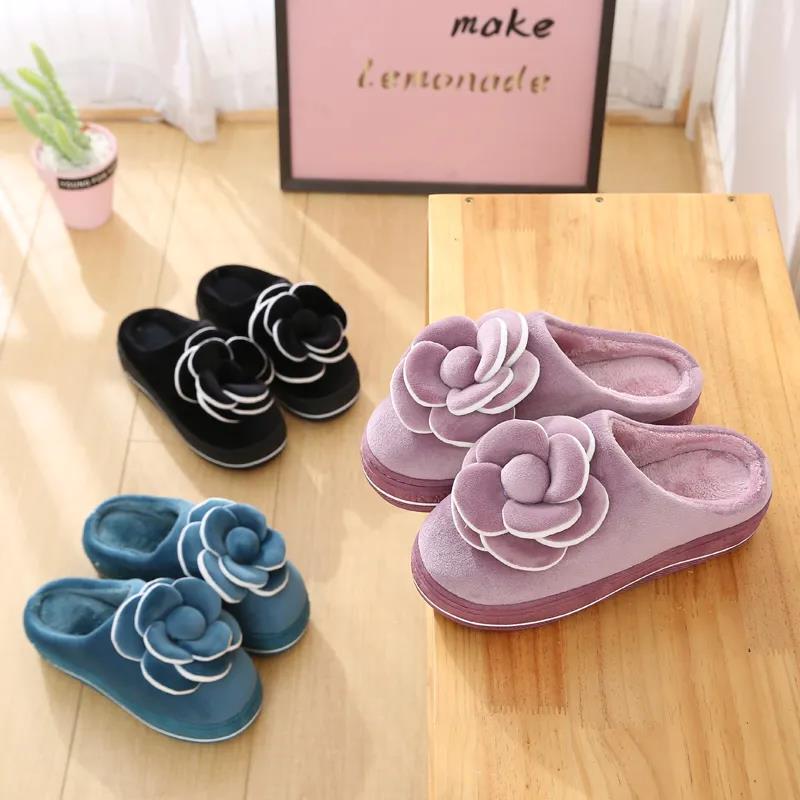 Winter High-heeled Cotton Slippers with Bow Female Cute Princess Style Plus Velvet Home Shoes Thickened Indoor Confinement Shoes