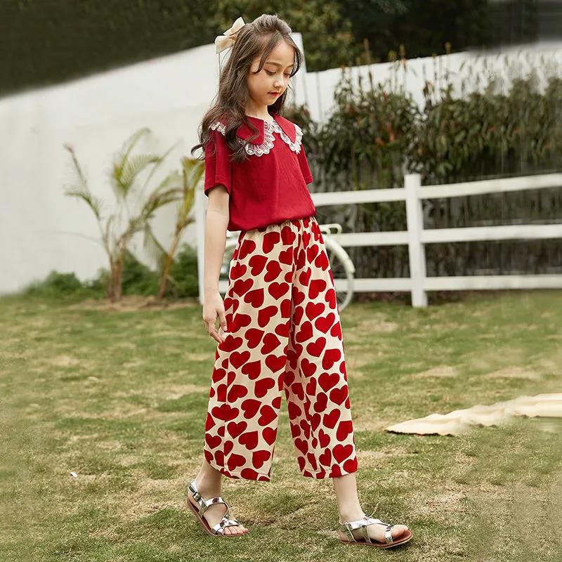Girls' Suits Children's Two-piece Short-sleeved Wide-leg Pants Summer Big Boys and Girls Mosquito Pants Western Style