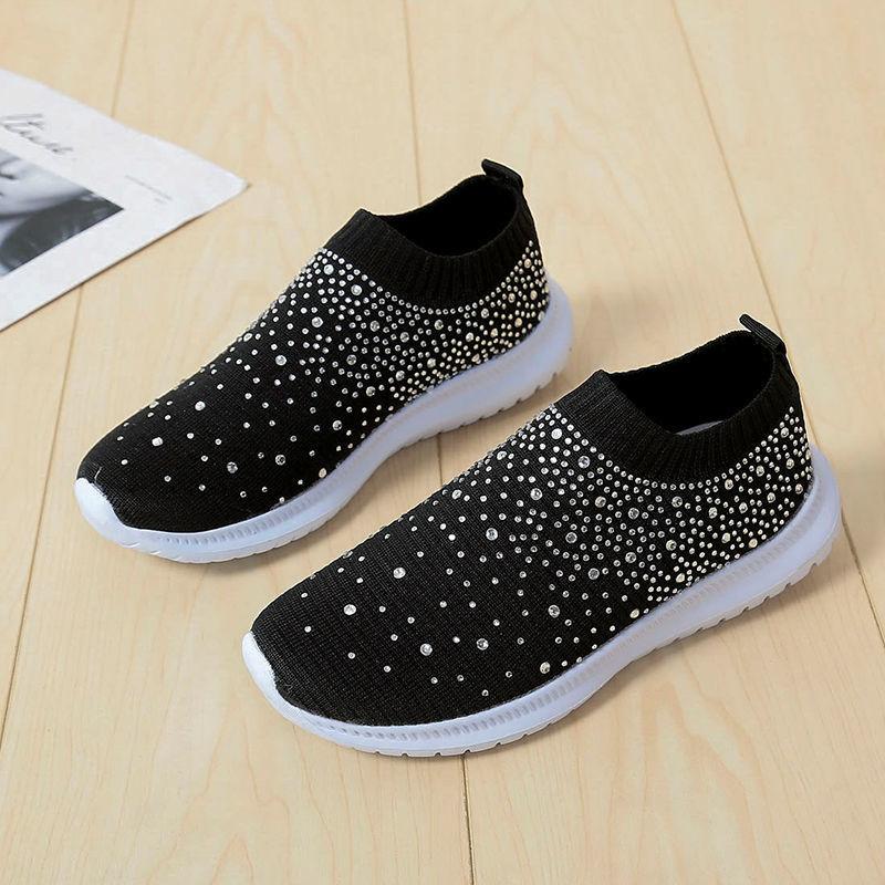 Women's Fashion Knitted Casual Shoes Sneakers Shiny Socks Slippers Breathable Mesh Crystal Sneakers Flat Soft Sole Women's Shoes