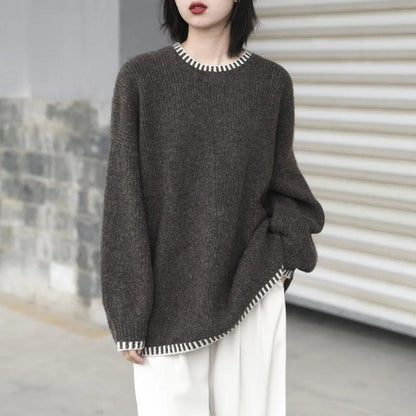 Large Size Knitted Sweater Women's Autumn and Winter Loose and Lazy Wind Retro Contrast Color Pullover Sweater Round Neck Sweater Trendy