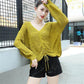 Spring and Autumn Style Hollow Loose Knit Sweater Women V-neck Slim-fit Warm Sweater Long-sleeved Pullover Casual Top