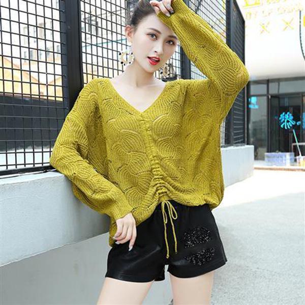 Spring and Autumn Style Hollow Loose Knit Sweater Women V-neck Slim-fit Warm Sweater Long-sleeved Pullover Casual Top