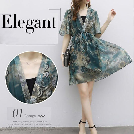 Dress 2pcs Suit  Women's Chiffon Deep V-neck Short Sleeves Above Knee Printing Strapped