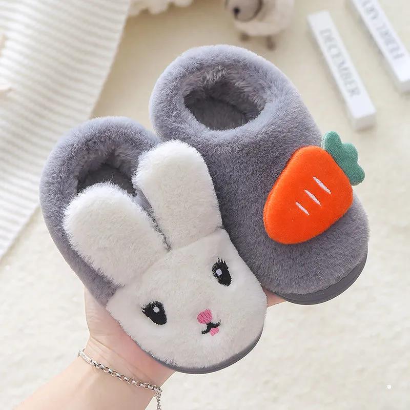 Kids Fur Slides Kids Shoes Autumn Winter Indoor Non-slip Cute Rabbit Cotton Home Slippers Baby Girls Slippers