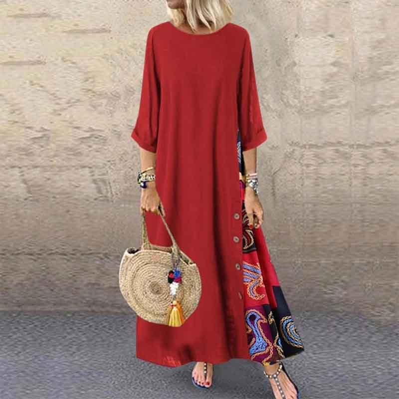 Women Vintage Maxi Dress Summer Solid O Neck Stitching Printed 3/4 Sleeve Side Buttons Dresses Loose Casual Long Dress Plus Size