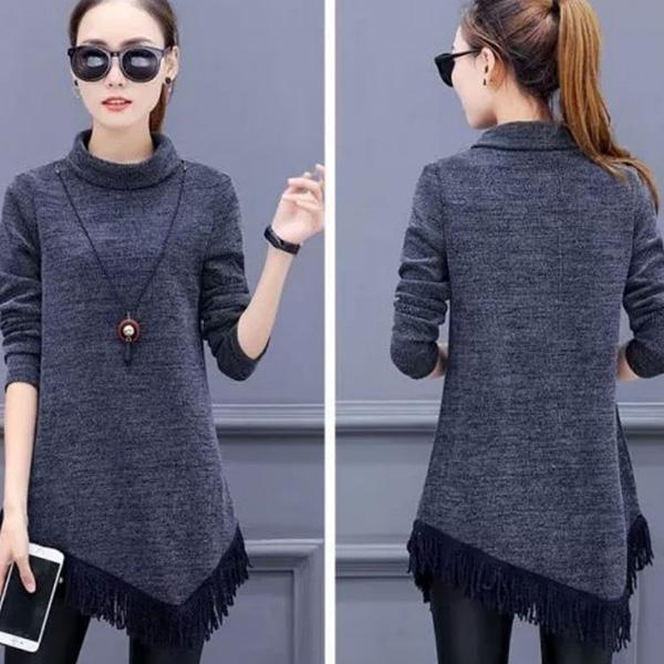 Spring and Autumn Turtleneck Large Size Women's Long Sleeve Fringed Knit Sweater Mid-length Slim Bottoming Shirt