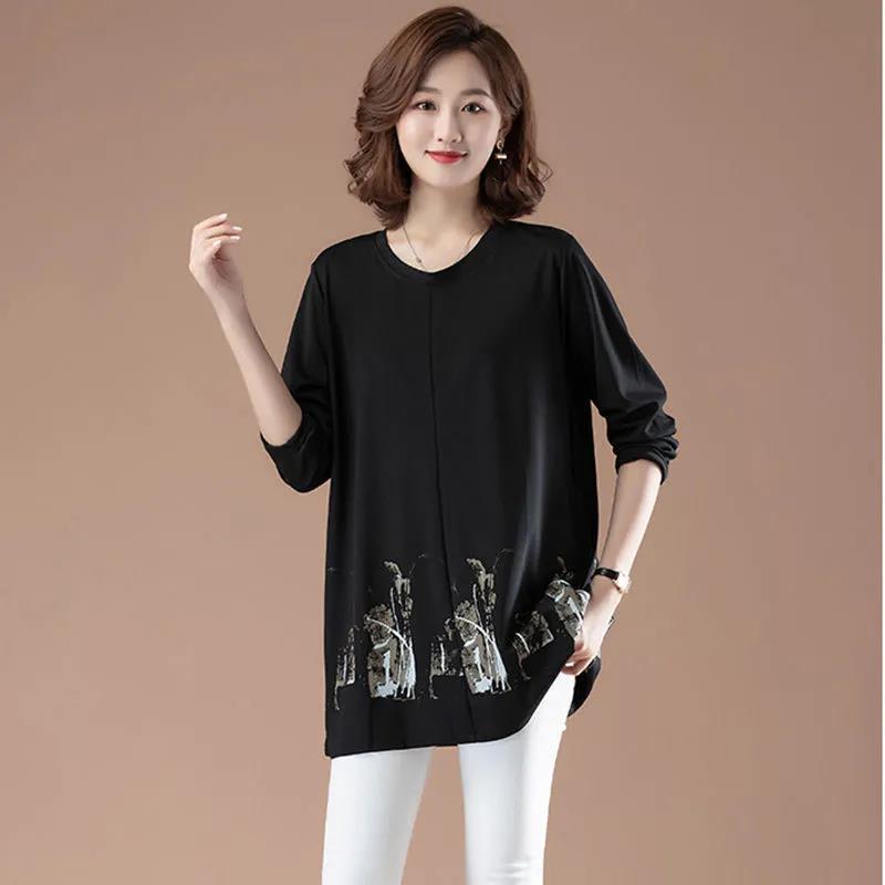 Womens Leisure Print T-shirt Long Sleeve Round Neck Blouses Casual Loose Tops Pullover