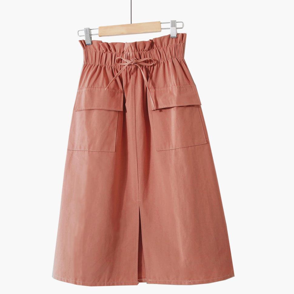 Casual Solid A-line Cotton Midi Skirts Women 2020 Summer Long Black Skirts Womens Pocket Elastic Waist Womens Skirts Female