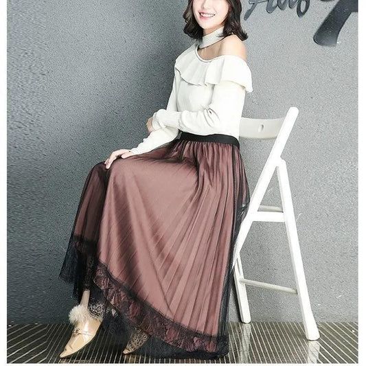 Double Side Wearable Lace Pleated Skirt Women's Large Size High Waist Mid-length Slim Mesh Skirt A-line Pleated Lace Long Skirt