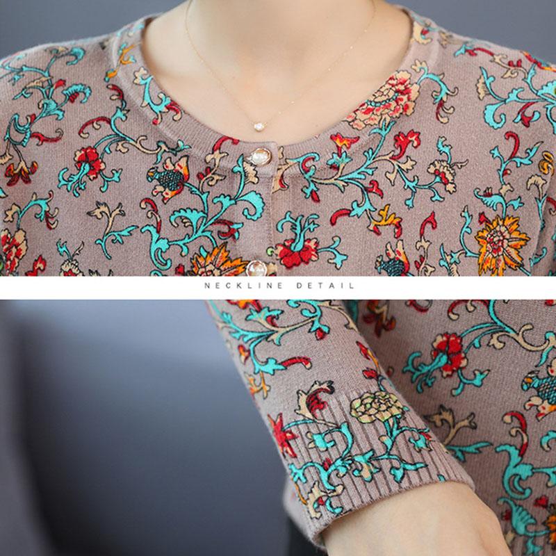 Autumn Winter Floral Cardigan Sweater Women Long Sleeve O-neck  Woolen Sweater Female Plus Size Knitted  Jacket