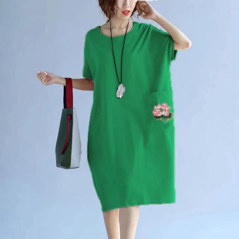 Lotus Pattern Summer Short Sleeved Mid-calf Length Large Size Loose Casual Solid Color Dress M-XXXL Size