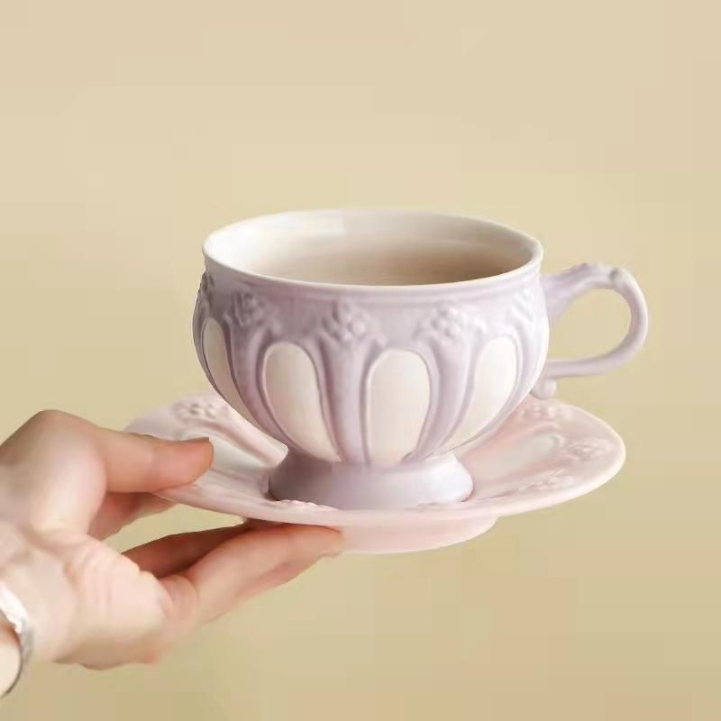 European Afternoon Tea Set, Coffee Cup, Saucer Set, Spoon, French Retro Embossed English Teapot, Cup