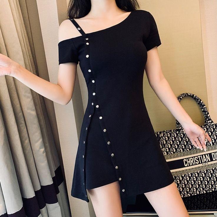 Women Cotton Oblique Shoulder Strap Dress Irregular Metal Buckle Slim Solid Color Bodycon Dress Female Mini Skirt Club Wear