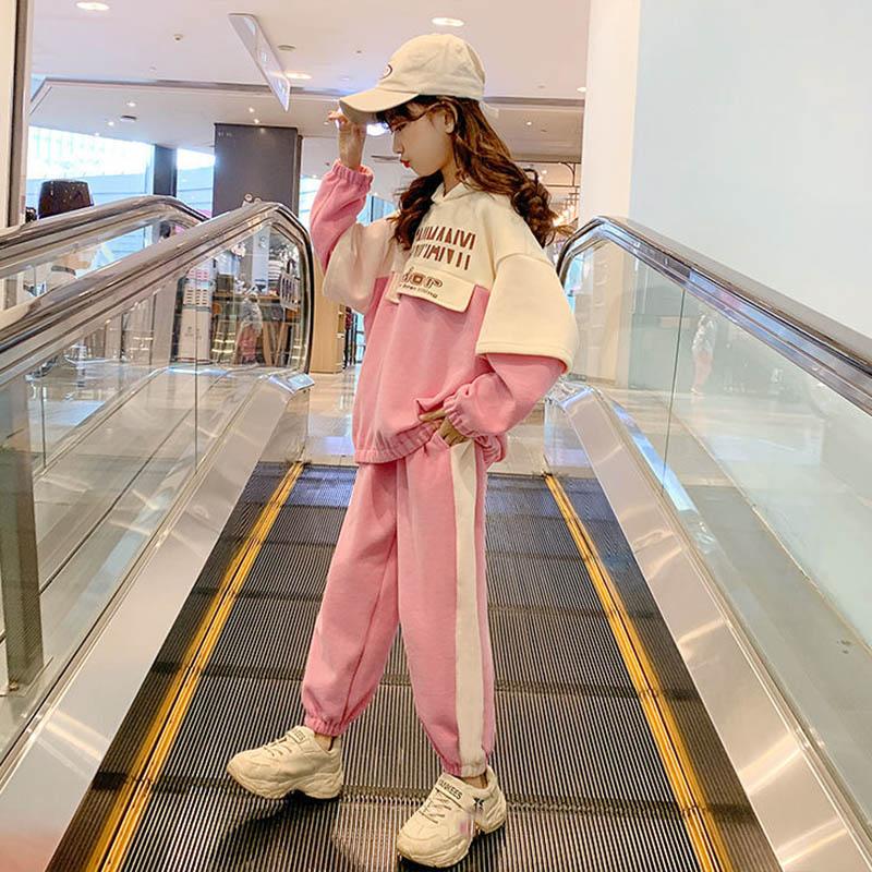 Girls Suit Spring and Autumn Korean Version Sports and Leisure Two-piece Set Letter Printing Pullover Long-sleeved Loose Color Matching Two-piece Set