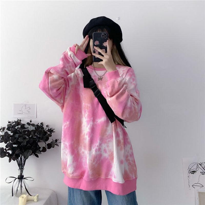 Tie-dye Sweatshirt Women's Mid-length O-neck Pullover Tops Spring  Autumn  Thin Long-sleeved Hoodies