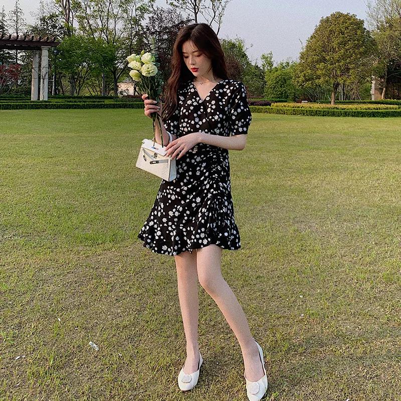 Women's Summer Dress V-neck Slim Floral A-line Skirt