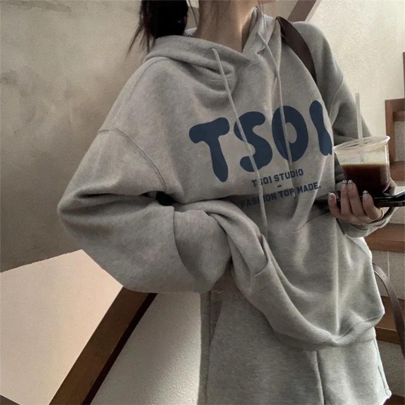 Female Ins Hooded Sweater Student Spring and Autumn Korean Version Loose All-match Coat Letter Printing Long-sleeved Pullover Sweater Coat