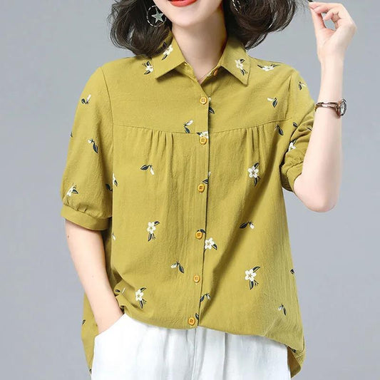 Pure Cotton Large Size Shirt Women's Loose Western Style Sleeve T-shirt Summer Middle-aged Mother's Top