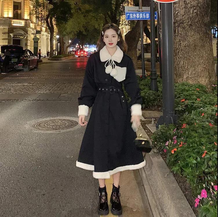 Winter Sweet and Cool Girl Thick Warm Fur Collar Stitching Prague British Girl Plus Cotton Windbreaker Dress