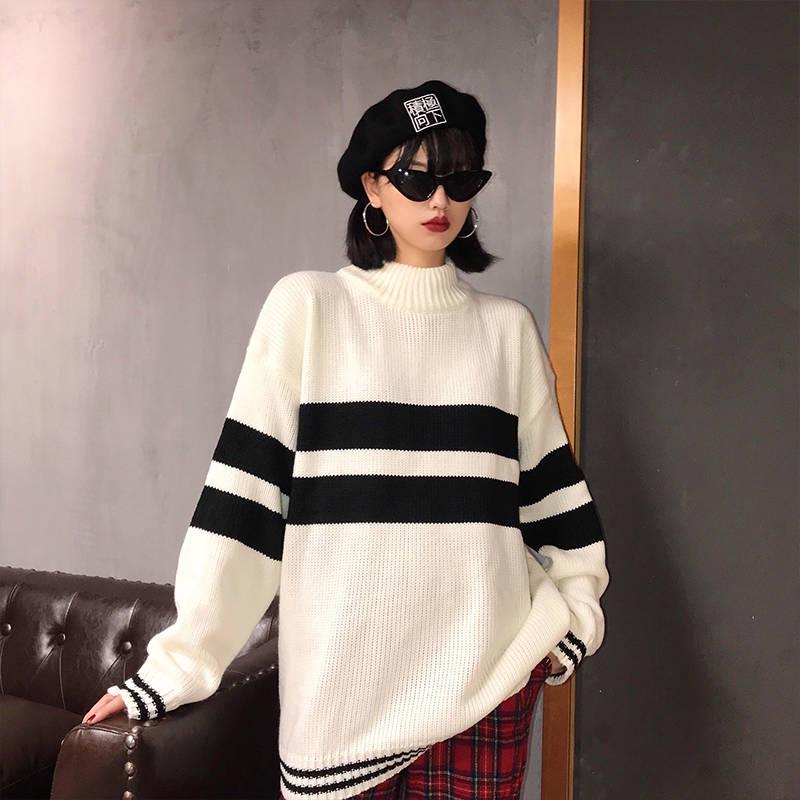 Color Matching Half Turtleneck Female Autumn and Winter Loose Embroidery Thick Knit Coat