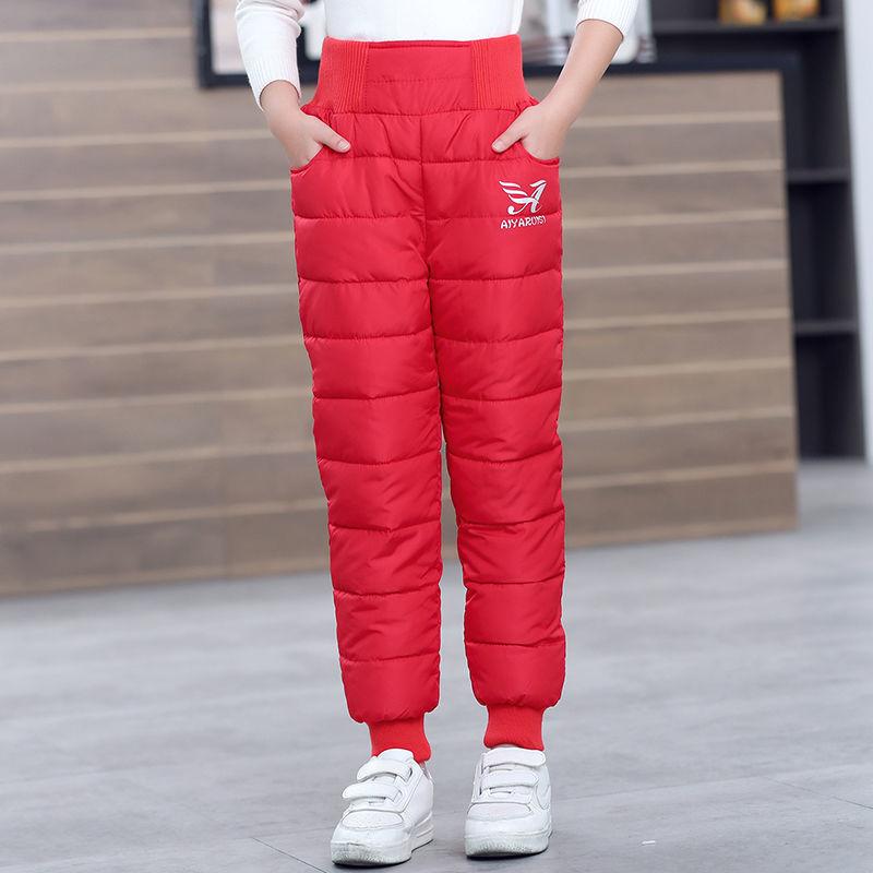 Down Pants Warm Thicken Boys Girls Winter Plus Velvet Children High Waist Trousers Ski Down Padded Pants