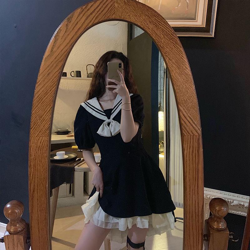 Lolita Sailor Suit Solid Color Cute Sweet Girl College Style Age Reduction Looser  Short Sleeve Dress