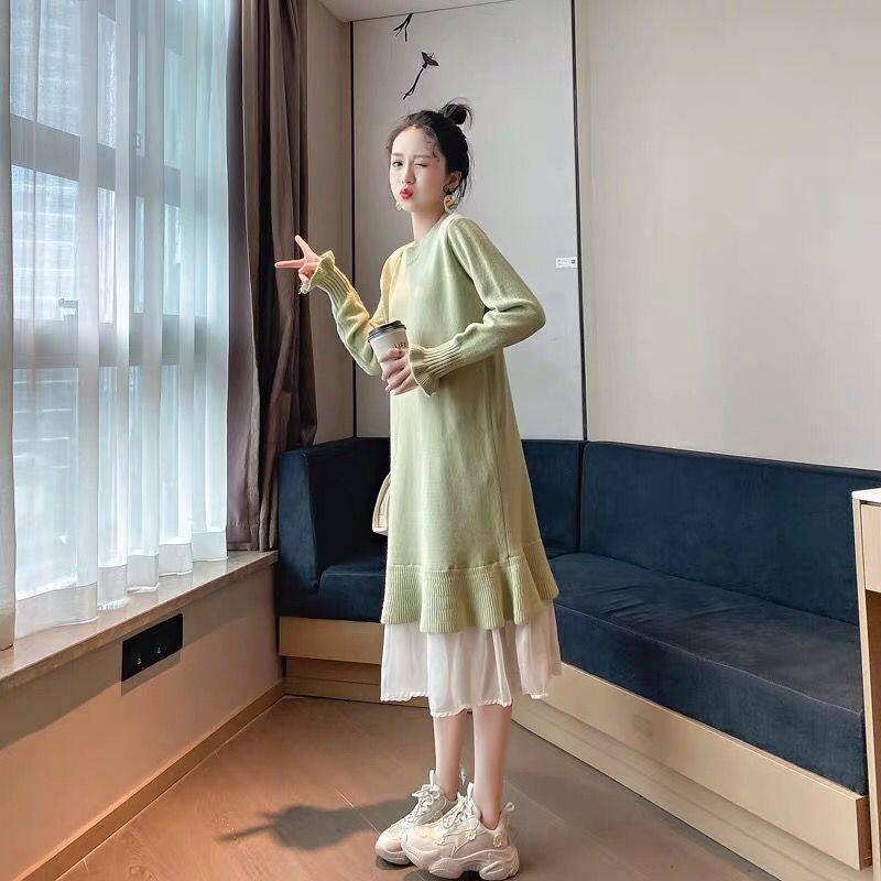 Pofulove 5 Colors Women Pretty Sweater Dress Long Section O-neck Chiffon Lace Knitted Skirt Pullover