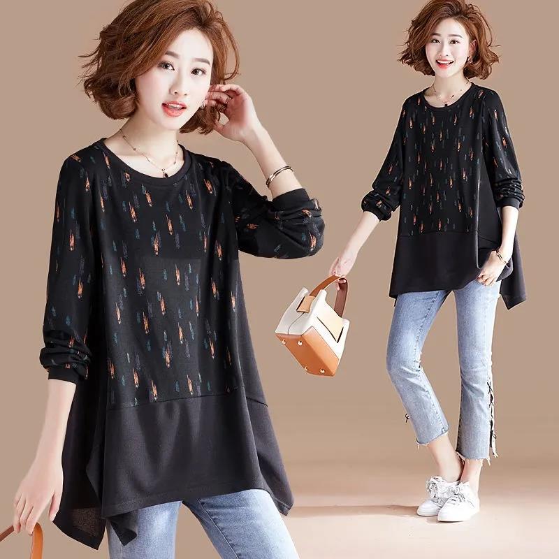 Women Casual Long Sleeve Round Neck printing T-Shirt Fall Vintage Loose Tee Tops Pullover