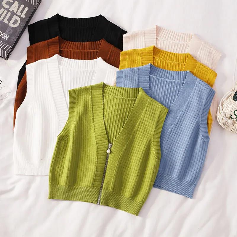 Women's Short Zipper Sweater Vest Autumn and Winter Korean Slim Sleeveless Sweater Sweater Vest Jacket