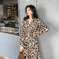 Women's Summer Leopard Print Mid-length Dress Lapel Long-sleeved Lace-up Ruffled Bohemian Beach Long Shirt