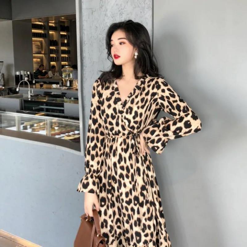 Women's Summer Leopard Print Mid-length Dress Lapel Long-sleeved Lace-up Ruffled Bohemian Beach Long Shirt