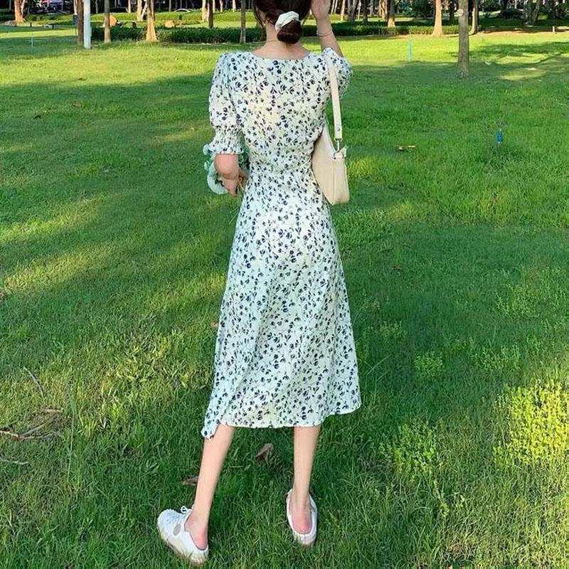 Women's Summer Long Dress V-neck Floral Puff Sleeve A-Line Dress