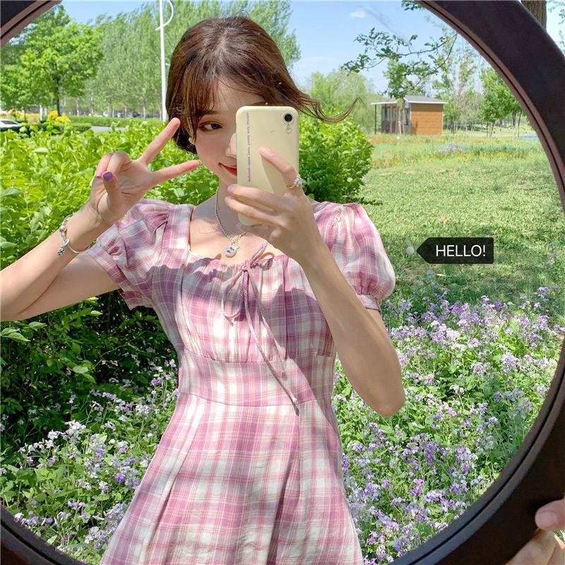 Summer French Elegant Square Neck Bubble Sleeve Plaid Dress Female Waist Slim Short Vacation Dress